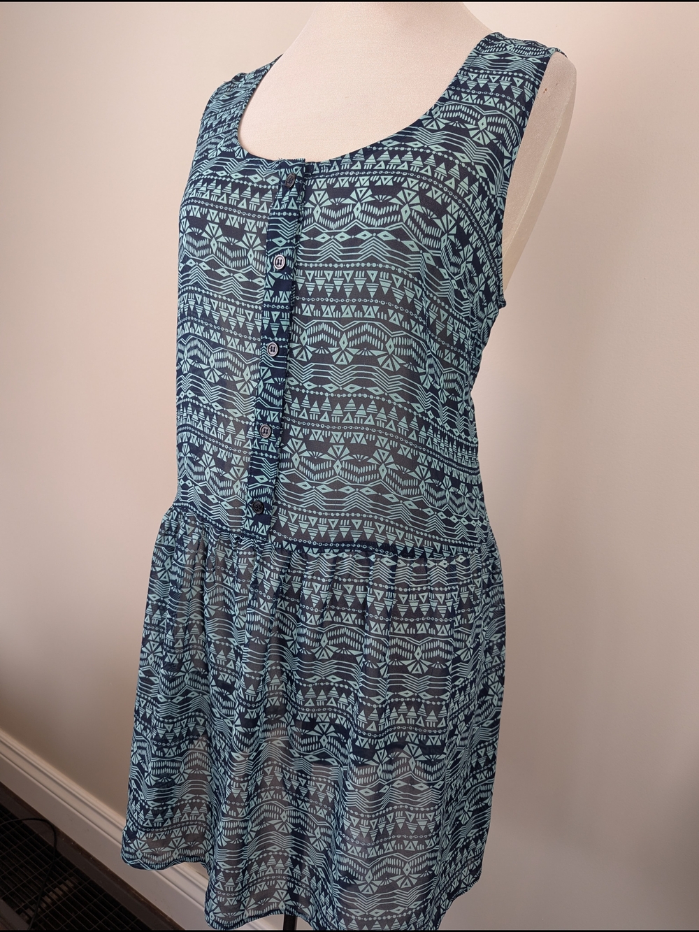 Forever 21 Y2K Navy and Teal Sheer Sleeveless Tribal Print Dress Women's L